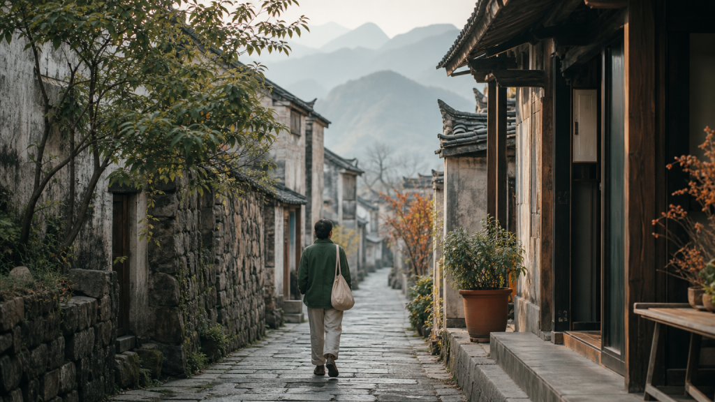 传统山地古镇街巷中一位旅行者缓步前行的编辑插图